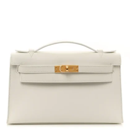 HERM??S KELLY POCHETTE CLUTCH WHITE SWIFT LEATHER GOLD PALLADIUM HARDWARE