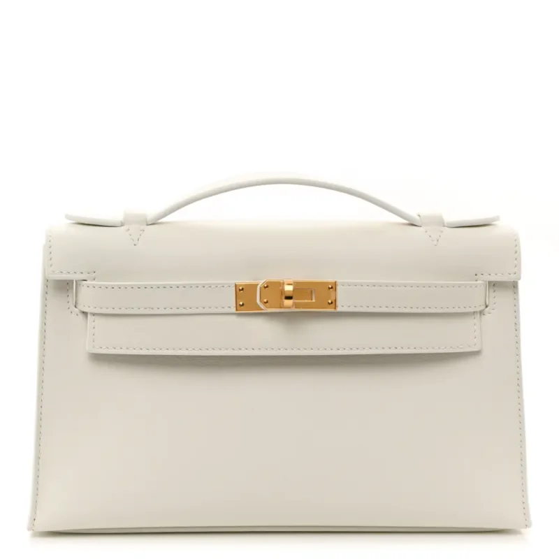 HERM??S KELLY POCHETTE CLUTCH WHITE SWIFT LEATHER GOLD PALLADIUM HARDWARE