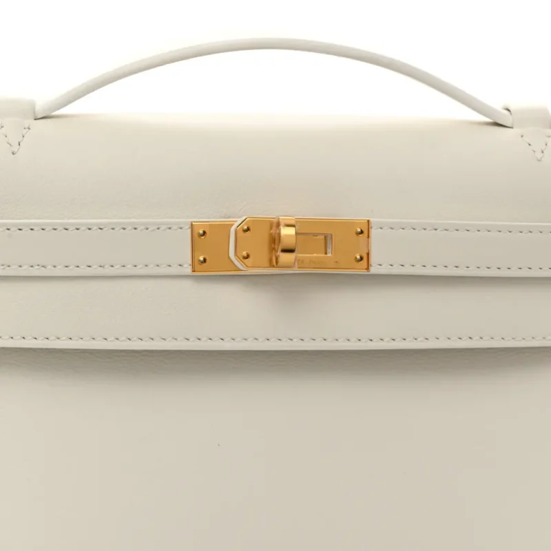 HERM??S KELLY POCHETTE CLUTCH WHITE SWIFT LEATHER GOLD PALLADIUM HARDWARE - Image 9