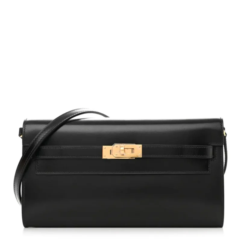 HERM??S KELLY WALLET TO GO BLACK BOX LEATHER GOLD HARDWARE