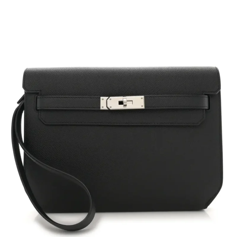HERM??S KELLY D??P??CHES 25 POUCH BLACK EPSOM LEATHER PALLADIUM HARDWARE