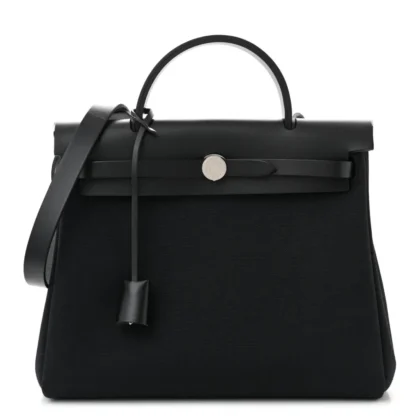 HERM??S HERBAG ZIP PM 31 BLACK MILITARY TOILE & VACHE HUNTER LEATHER PALLADIUM SILVER HARDWARE