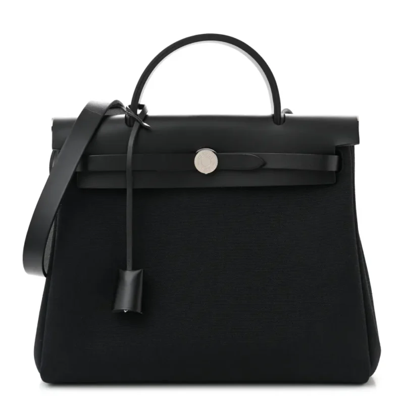 HERM??S HERBAG ZIP PM 31 BLACK MILITARY TOILE & VACHE HUNTER LEATHER PALLADIUM SILVER HARDWARE