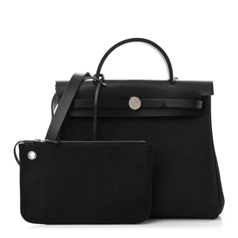 HERM??S HERBAG ZIP PM 31 BLACK MILITARY TOILE & VACHE HUNTER LEATHER PALLADIUM SILVER HARDWARE - Image 2