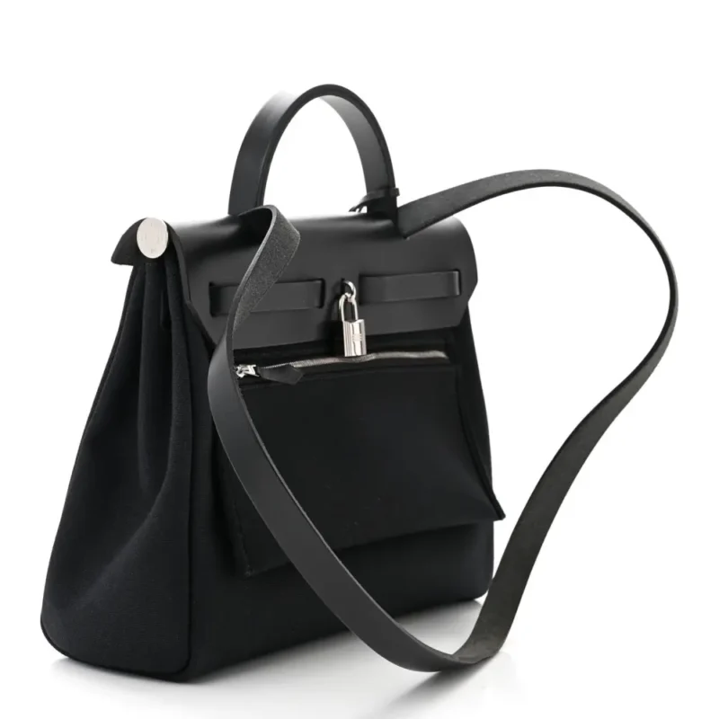 HERM??S HERBAG ZIP PM 31 BLACK MILITARY TOILE & VACHE HUNTER LEATHER PALLADIUM SILVER HARDWARE - Image 4