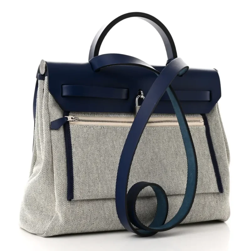 HERM??S BRIDES DE GALA HERBAG ZIP RETOURNE 31 PM BLEU DE FRANCE / ECRU / BLACK VACHE HUNTER LEATHER & TOILE H PALLADIUM SILVER HARDWARE - Image 4