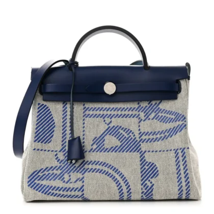 HERM??S BRIDES DE GALA HERBAG ZIP RETOURNE 31 PM BLEU DE FRANCE / ECRU / BLACK VACHE HUNTER LEATHER & TOILE H PALLADIUM SILVER HARDWARE