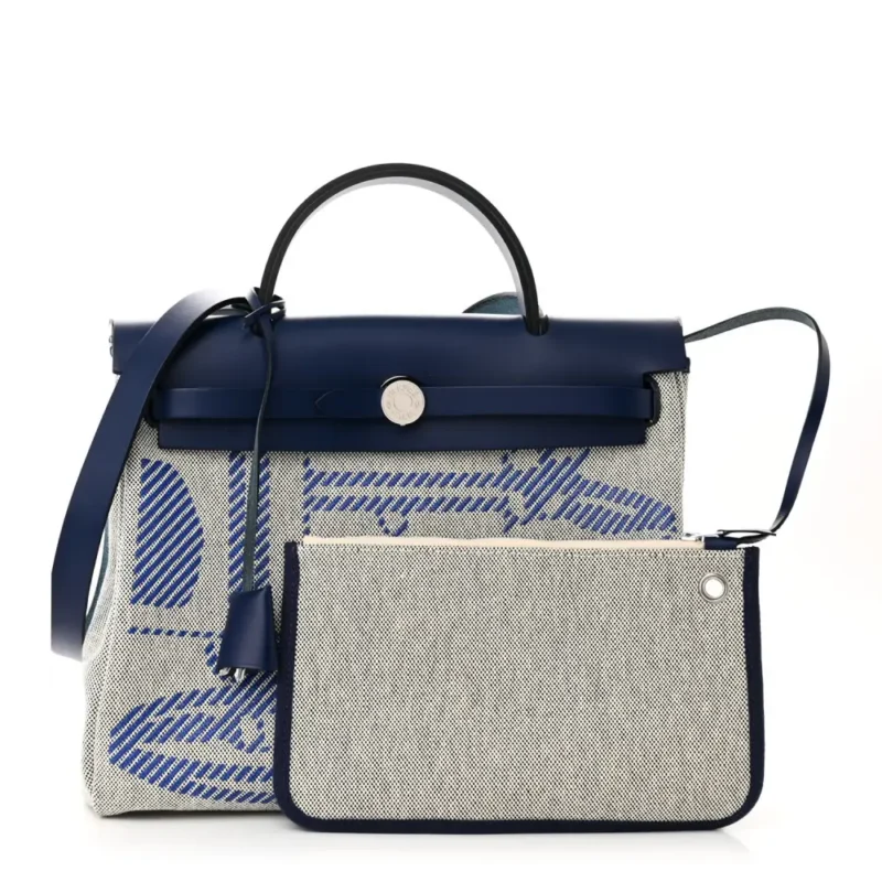 HERM??S BRIDES DE GALA HERBAG ZIP RETOURNE 31 PM BLEU DE FRANCE / ECRU / BLACK VACHE HUNTER LEATHER & TOILE H PALLADIUM SILVER HARDWARE - Image 2
