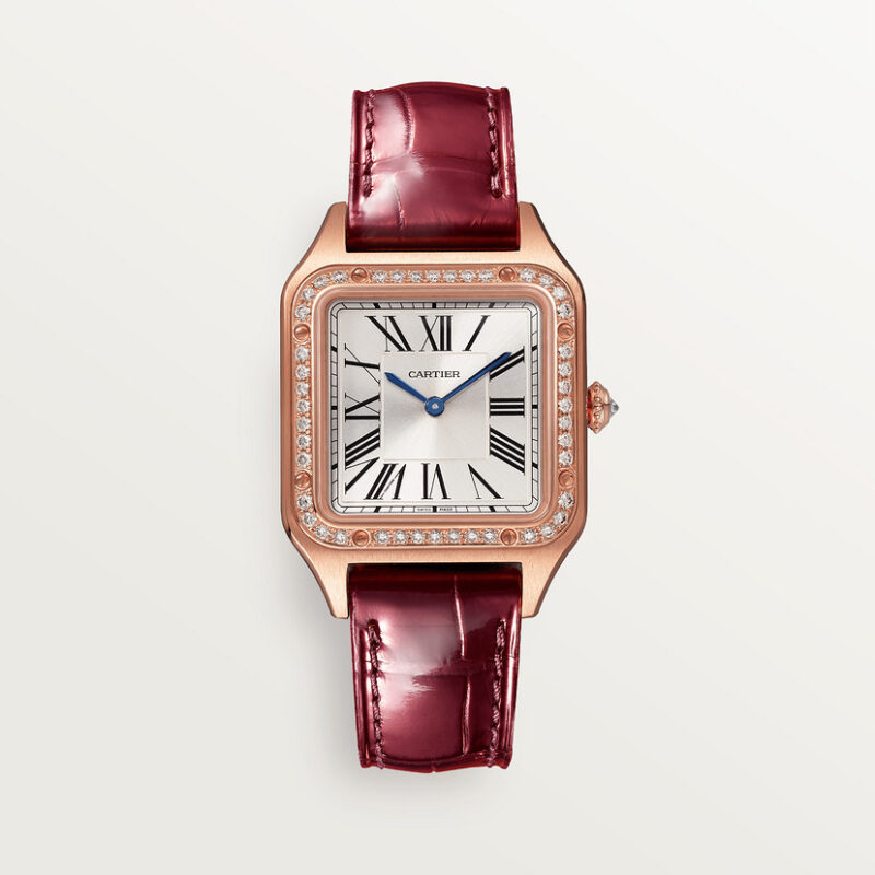 SANTOS-DUMONT WATCH SMALL MODEL QUARTZ MOVEMENT ROSE GOLD DIAMONDS LEATHER CRWJSA0017