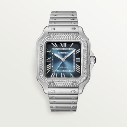 SANTOS DE CARTIER WATCH MEDIUM MODEL STEEL DIAMONDS BLUE DIAL CRW4SA0006