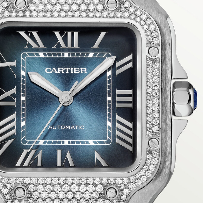SANTOS DE CARTIER WATCH MEDIUM MODEL STEEL DIAMONDS BLUE DIAL CRW4SA0006 - Image 3