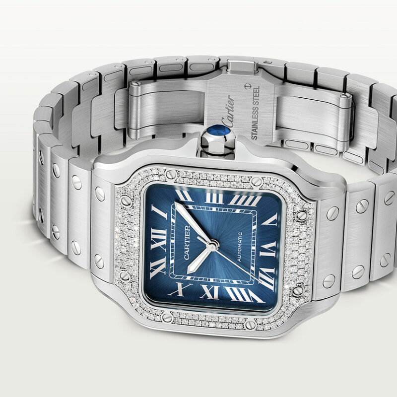 SANTOS DE CARTIER WATCH MEDIUM MODEL STEEL DIAMONDS BLUE DIAL CRW4SA0006 - Image 6