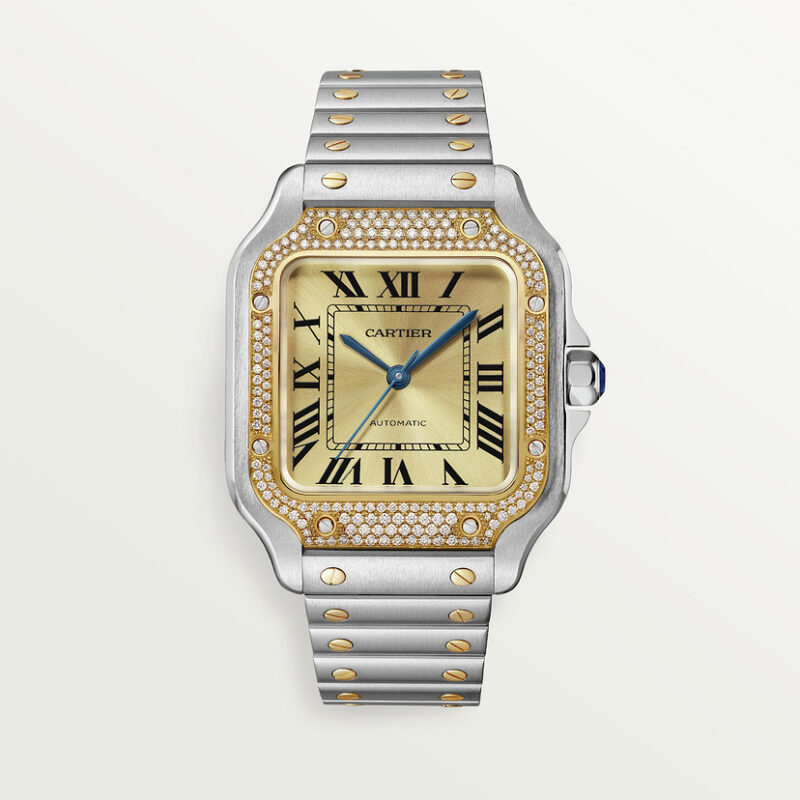 SANTOS DE CARTIER WATCH MEDIUM MODEL 18K YELLOW GOLD STEEL DIAMONDS CRW3SA0007