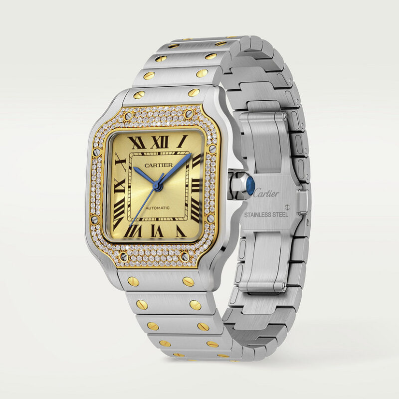 SANTOS DE CARTIER WATCH MEDIUM MODEL 18K YELLOW GOLD STEEL DIAMONDS CRW3SA0007 - Image 2