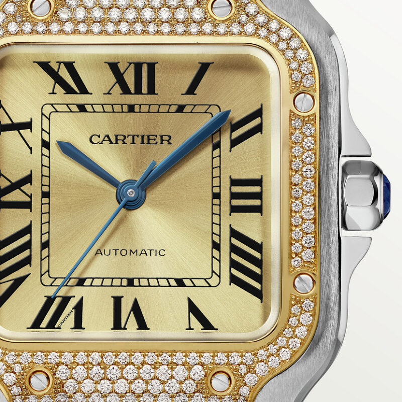 SANTOS DE CARTIER WATCH MEDIUM MODEL 18K YELLOW GOLD STEEL DIAMONDS CRW3SA0007 - Image 3