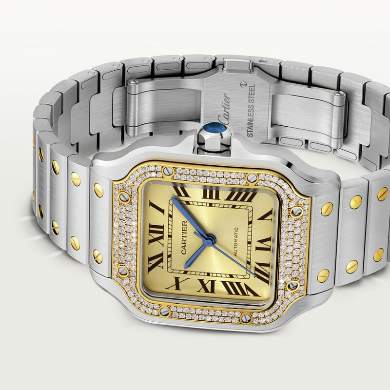 SANTOS DE CARTIER WATCH MEDIUM MODEL 18K YELLOW GOLD STEEL DIAMONDS CRW3SA0007 - Image 6
