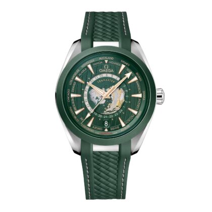 OMEGA SEAMASTER AQUA TERRA 150M CO AXIAL MASTER CHRONOMETER GMT WORLDTIMER 43MM MENS WATCH GREEN RUBBER O22032432210001