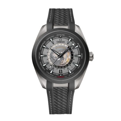 OMEGA SEAMASTER AQUA TERRA 150M CO AXIAL MASTER CHRONOMETER GMT WORLDTIMER 43MM MENS WATCH BLACK RUBBER O22092432299001