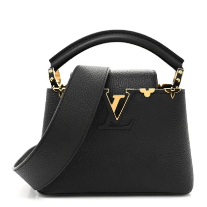 LOUIS VUITTON EMBELLISHED FLOWER CROWN CAPUCINES BB BLACK TAURILLON LEATHER GOLD HARDWARE