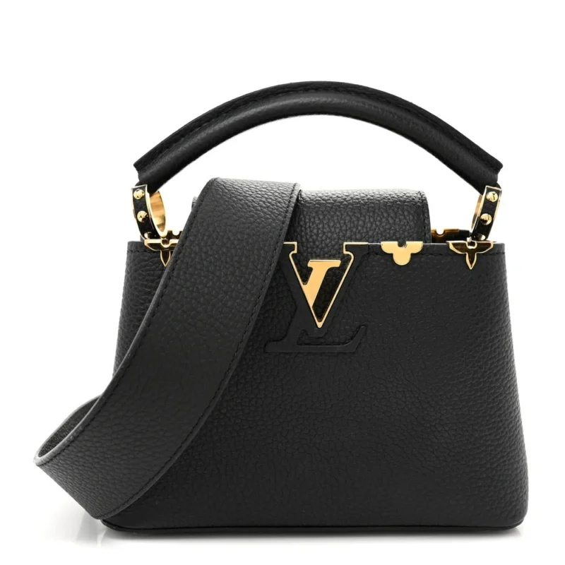 LOUIS VUITTON EMBELLISHED FLOWER CROWN CAPUCINES BB BLACK TAURILLON LEATHER GOLD HARDWARE