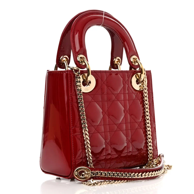 DIOR MINI LADY DIOR RED PATENT CANNAGE CALFSKIN LEATHER GOLD HARDWARE - Image 2