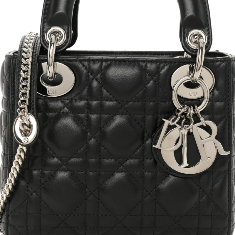 DIOR MINI LADY DIOR BLACK CANNAGE LAMBSKIN LEATHER LIGHT GOLD HARDWARE - Image 8