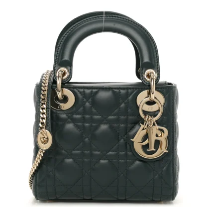 DIOR MINI LADY DIOR DARK GREEN CANNAGE LAMBSKIN LEATHER LIGHT GOLD HARDWARE
