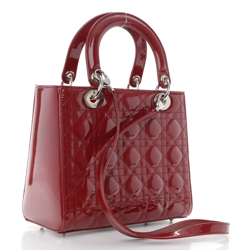 DIOR MEDIUM LADY DIOR DARK RED PATENT CANNAGE CALFSKIN LEATHER SILVER HARDWARE - Image 3