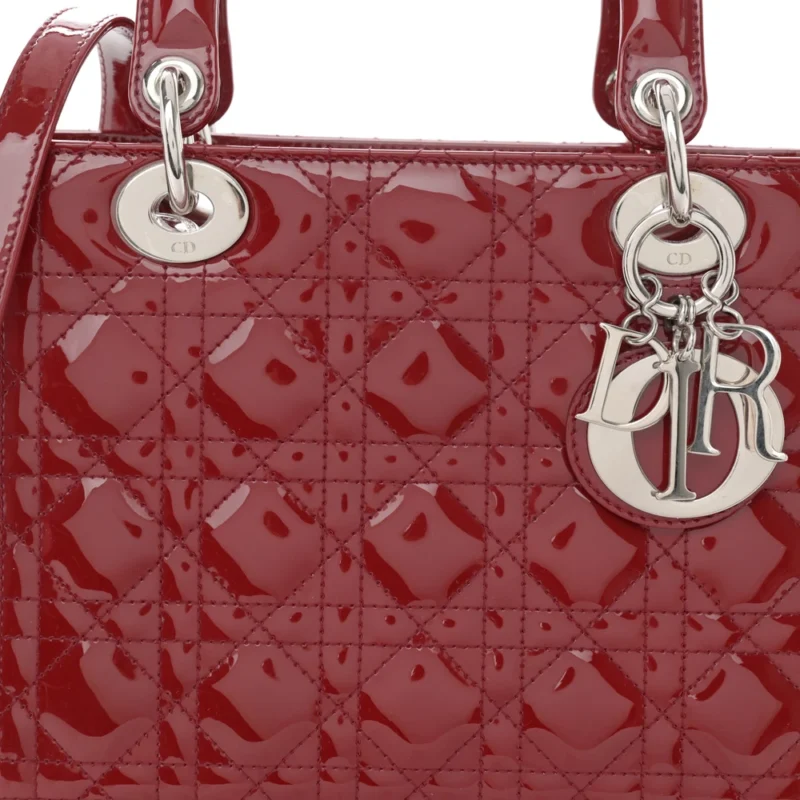 DIOR MEDIUM LADY DIOR DARK RED PATENT CANNAGE CALFSKIN LEATHER SILVER HARDWARE - Image 9