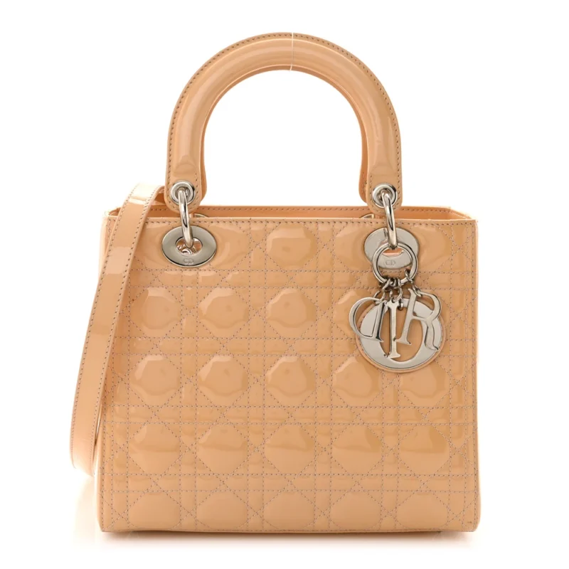 DIOR MEDIUM LADY DIOR ROSE CLAIR PATENT CANNAGE CALFSKIN LEATHER SILVER HARDWARE