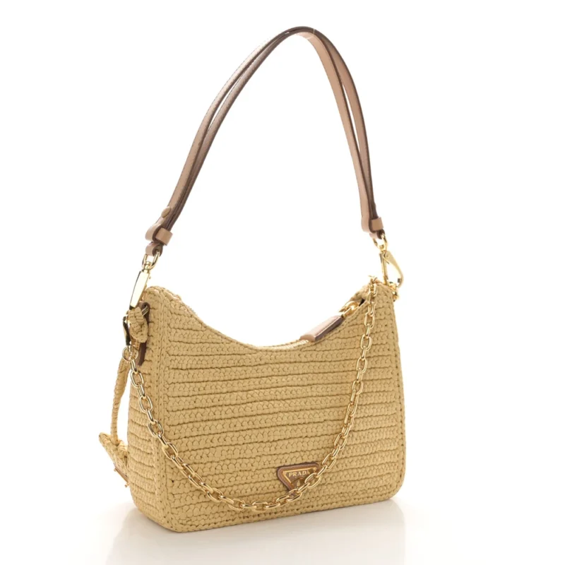 PRADA MINI EFFECT CROCHET RE-EDITION 2000 SHOULDER BAG NATURALE YARN RAFFIA GOLD HARDWARE - Image 3