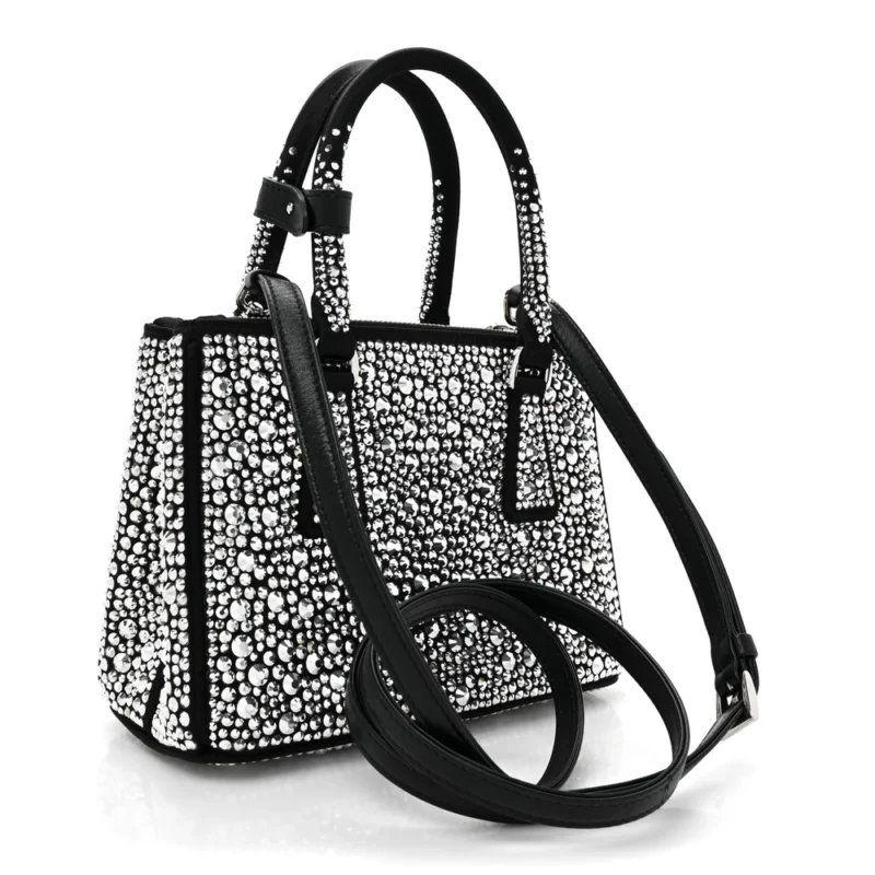 PRADA MINI GALLERIA DOUBLE ZIP TOTE BLACK METAL SATIN & CRYSTAL SILVER HARDWARE - Image 3