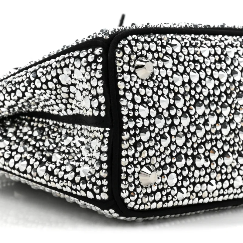 PRADA MINI GALLERIA DOUBLE ZIP TOTE BLACK METAL SATIN & CRYSTAL SILVER HARDWARE - Image 5