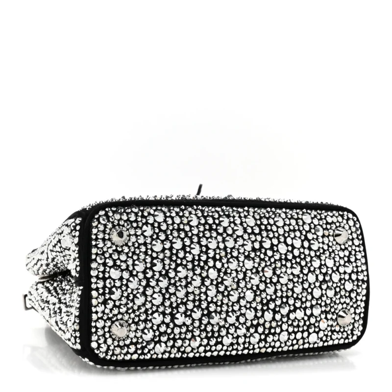 PRADA MINI GALLERIA DOUBLE ZIP TOTE BLACK METAL SATIN & CRYSTAL SILVER HARDWARE - Image 6