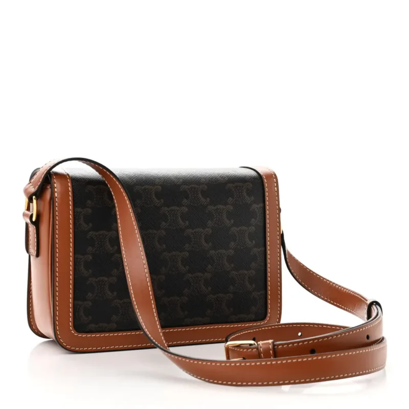CELINE SMALL TEEN TRIOMPHE BAG TAN CALFSKIN LEATHER & TRIOMPHE CANVAS GOLD HARDWARE - Image 3