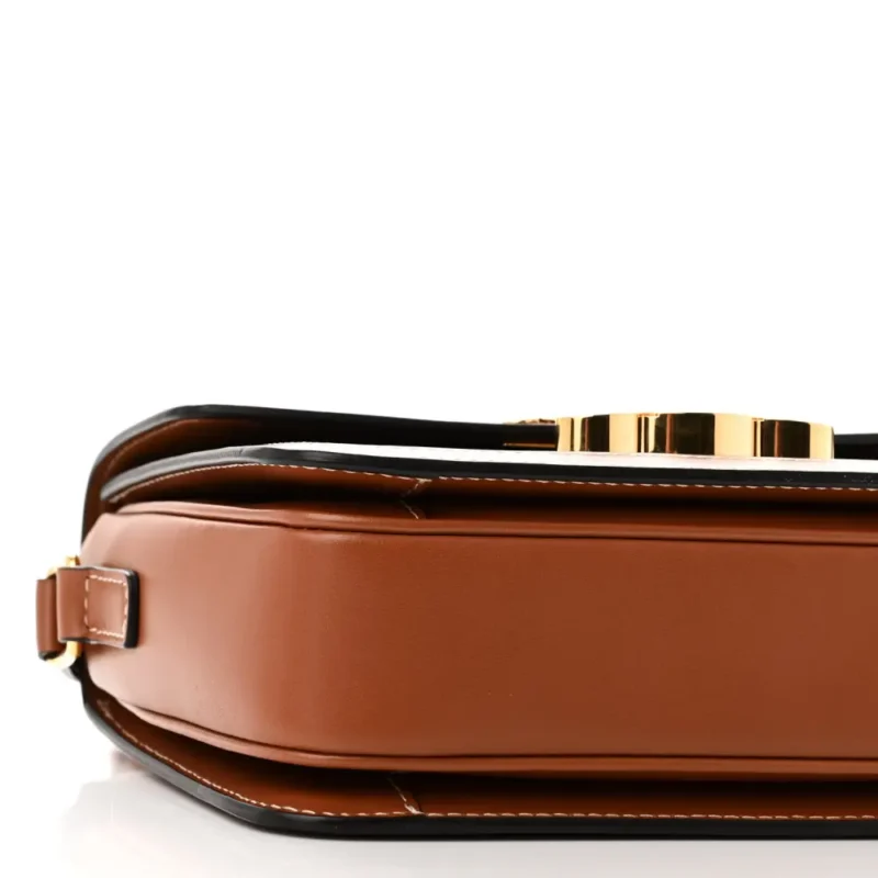 CELINE SMALL TEEN TRIOMPHE BAG TAN CALFSKIN LEATHER & TRIOMPHE CANVAS GOLD HARDWARE - Image 4