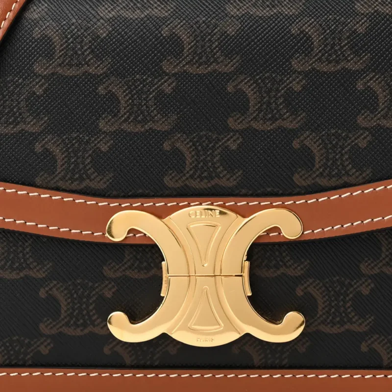 CELINE SMALL TEEN TRIOMPHE BAG TAN CALFSKIN LEATHER & TRIOMPHE CANVAS GOLD HARDWARE - Image 9
