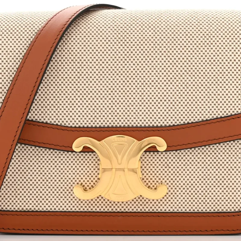 CELINE SMALL TEEN TRIOMPHE BAG WHITE/TAN TEXTILE & NATURAL CALFSKIN LEATHER GOLD HARDWARE - Image 8