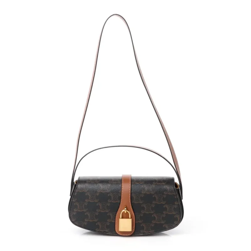 CELINE SMALL TABOU CLUTCH ON STRAP TAN TRIOMPHE CANVAS & CALFSKIN LEATHER GOLD HARDWARE