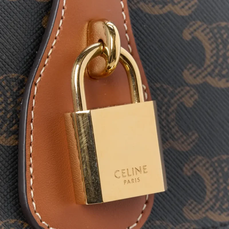 CELINE SMALL TABOU CLUTCH ON STRAP TAN TRIOMPHE CANVAS & CALFSKIN LEATHER GOLD HARDWARE - Image 8