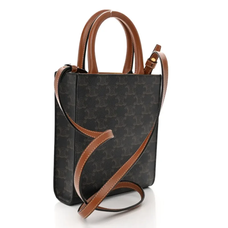 CELINE MINI VERTICAL CABAS TAN TRIOMPHE CANVAS & CALFSKIN LEATHER GOLD HARDWARE - Image 3