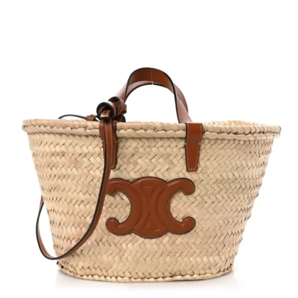 CELINE MEDIUM TRIOMPHE TEEN PANIER TAN PALM LEAF & CALFSKIN LEATHER GOLD HARDWARE