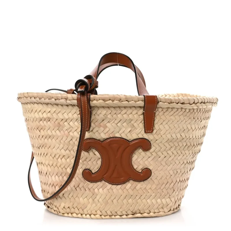 CELINE MEDIUM TRIOMPHE TEEN PANIER TAN PALM LEAF & CALFSKIN LEATHER GOLD HARDWARE