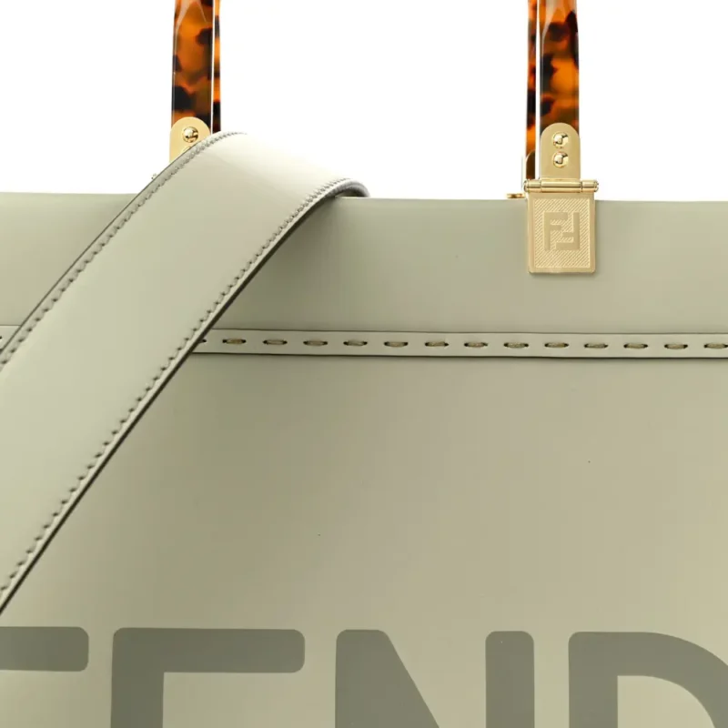 FENDI MEDIUM LOGO EMBOSSED SUNSHINE SHOPPER TOTE GREEN TEA KING VITELLO LEATHER & PLEXIGLASS GOLD HARDWARE - Image 7