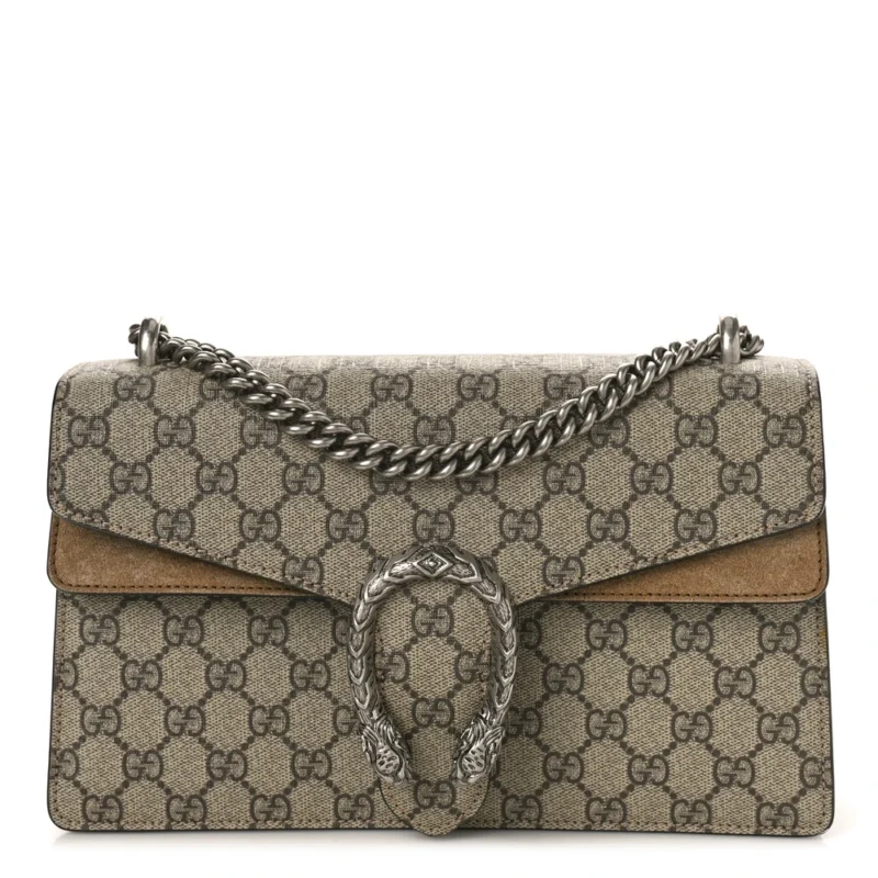 GUCCI SMALL DIONYSUS SHOULDER BAG TAUPE GG SUPREME MONOGRAM CANVAS AGED SILVER HARDWARE