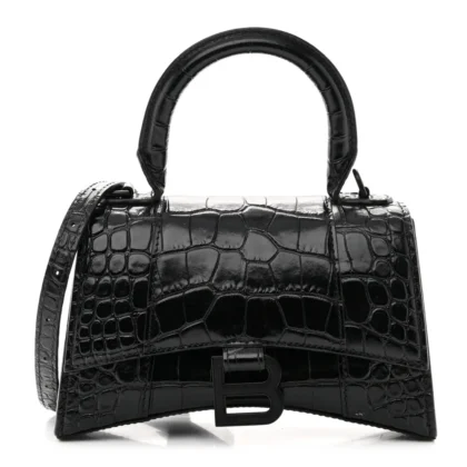 BALENCIAGA XS HOURGLASS TOP HANDLE BAG BLACK MONOCHROME CROCODILE EMBOSSED SHINY CALFSKIN LEATHER BLACK HARDWARE