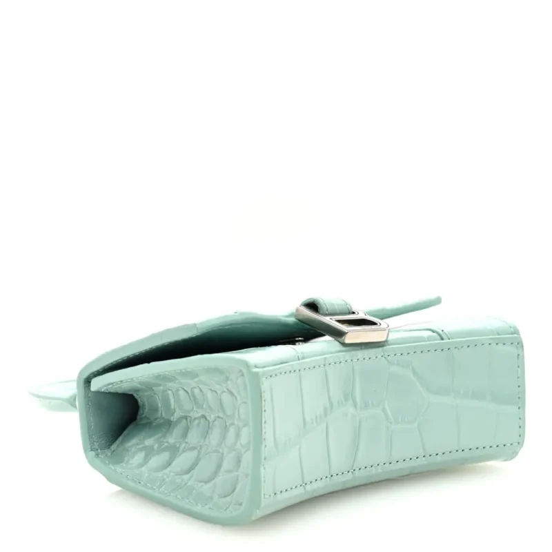 BALENCIAGA HOURGLASS MINI TOP HANDLE BAG WITH CHAIN GREEN ACQUA CROCODILE EMBOSSED SHINY CALFSKIN LEATHER - Image 6