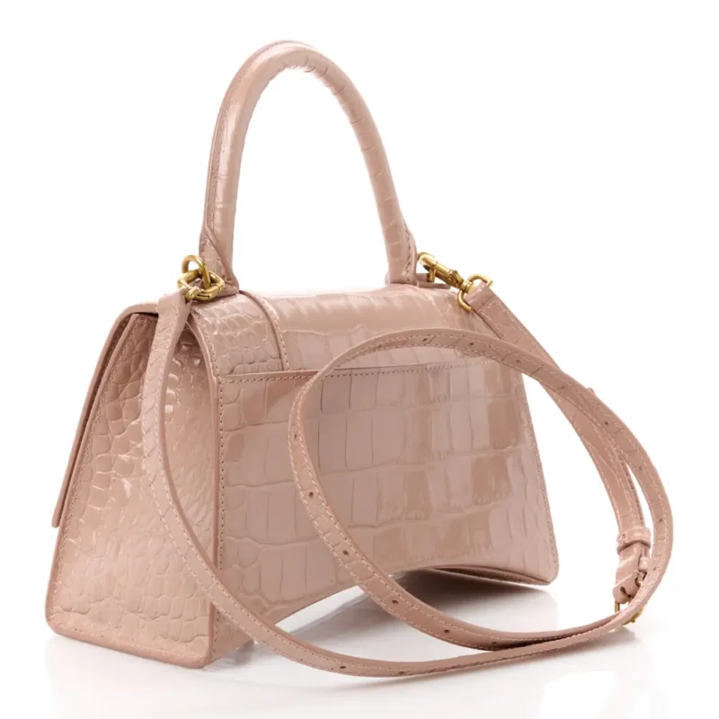 BALENCIAGA SMALL HOURGLASS TOP HANDLE BAG NUDE BEIGE CROCODILE EMBOSSED SHINY CALFSKIN LEATHER GOLD HARDWARE - Image 3