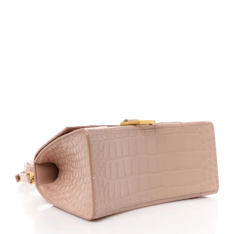 BALENCIAGA SMALL HOURGLASS TOP HANDLE BAG NUDE BEIGE CROCODILE EMBOSSED SHINY CALFSKIN LEATHER GOLD HARDWARE - Image 6