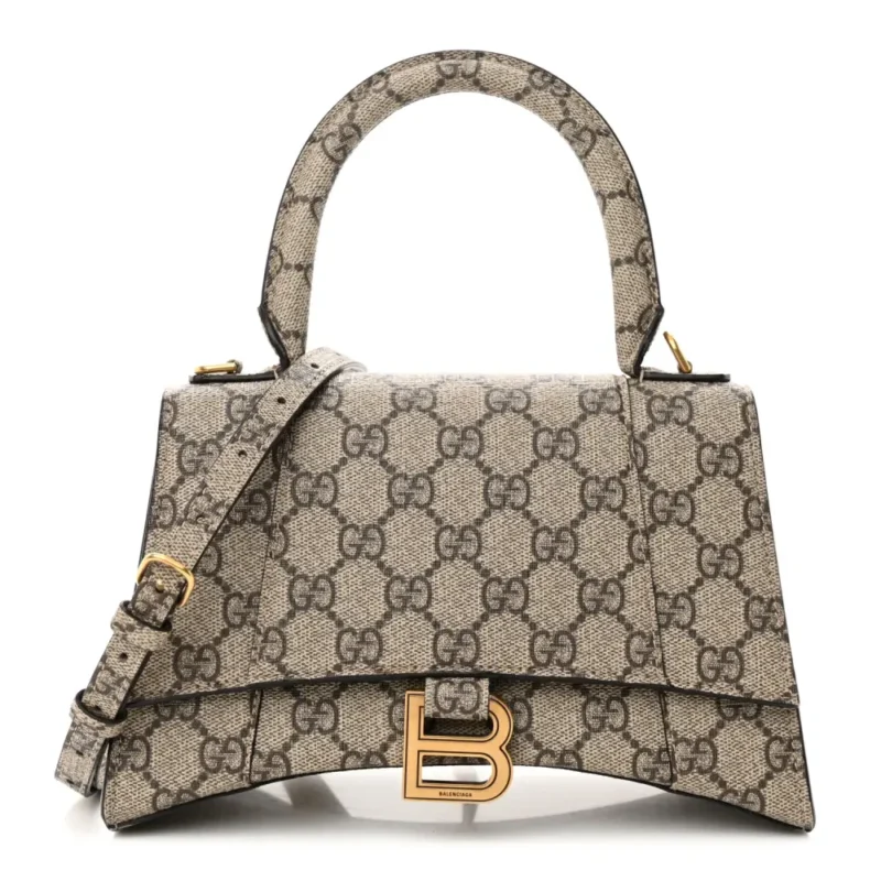 BALENCIAGA SMALL HOURGLASS TOP HANDLE BAG BEIGE/EBONY GG SUPREME MONOGRAM X GUCCI GOLD HARDWARE